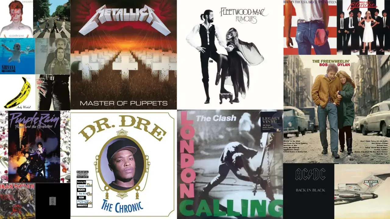 Eine Collage ikonischer Albumcover: David Bowie, Nirvana, Metallica, Fleetwood Mac, Dr. Dre, The Clash, Bob Dylan, AC/DC, Beastie Boys &ndash; alles oldies but goldies.