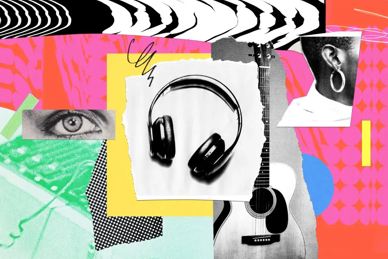 Collage mit Kopfh&ouml;rern, Gitarre, Auge und Ohr. Bunte Formen und Muster. Perfekt f&uuml;r Musik Werbung.