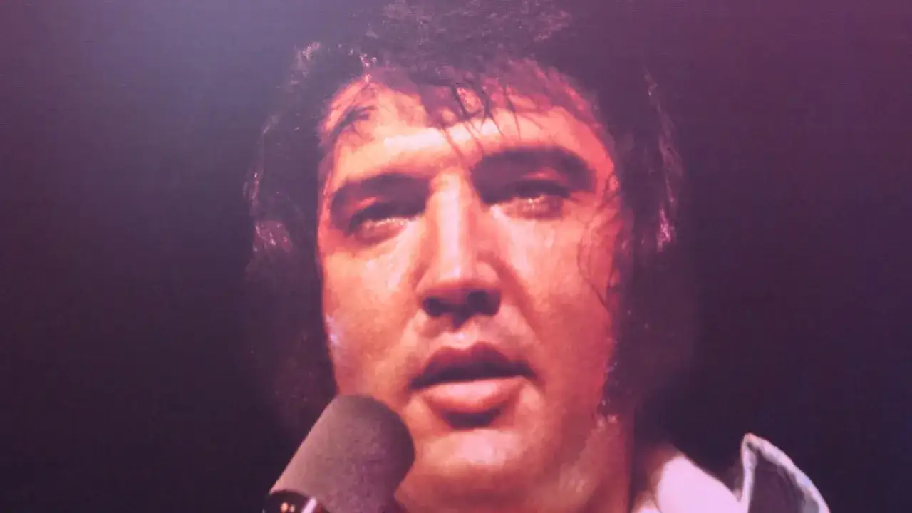 Nahaufnahme von Elvis Presley, der vor einem Mikrofon steht. Sein Gesicht ist verschwitzt, die Augen sind geschlossen, als würde er sein letztes Lied singen.