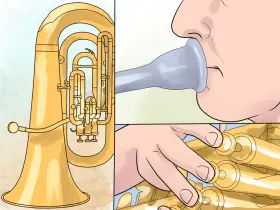 Tuba-Steckbrief für Kinder: So lernt man das Instrument kennen. Ein Kind bläst ins Mundstück, die Finger liegen auf den Ventilen.