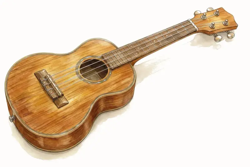 Ein Ukulele, ein beliebtes Musikinstrument, mit wunderschöner Holzmaserung.