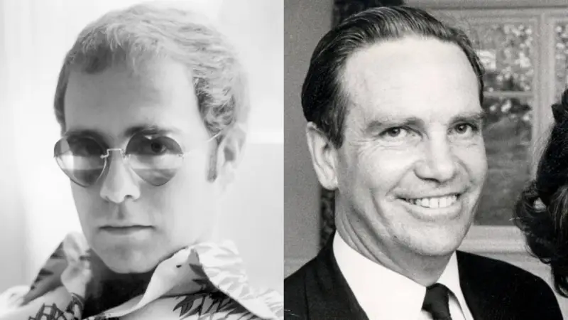 Links: junger Elton John mit Herzbrille. Rechts: Reginald Dwight, Elton Johns echter Name, in Anzug.
