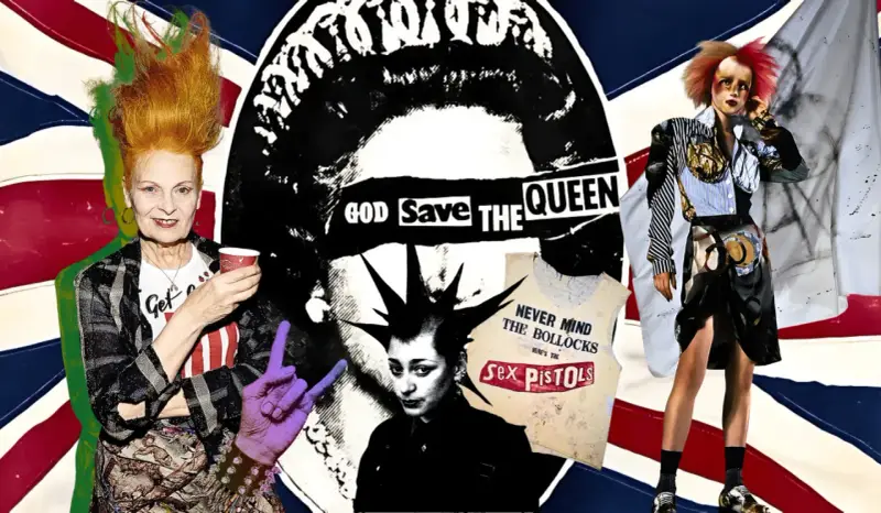 Vivienne Westwood Punk Ikone mit zerzaustem Haar und einem Becher in der Hand, umgeben von Punk-Symbolen und der britischen Flagge.